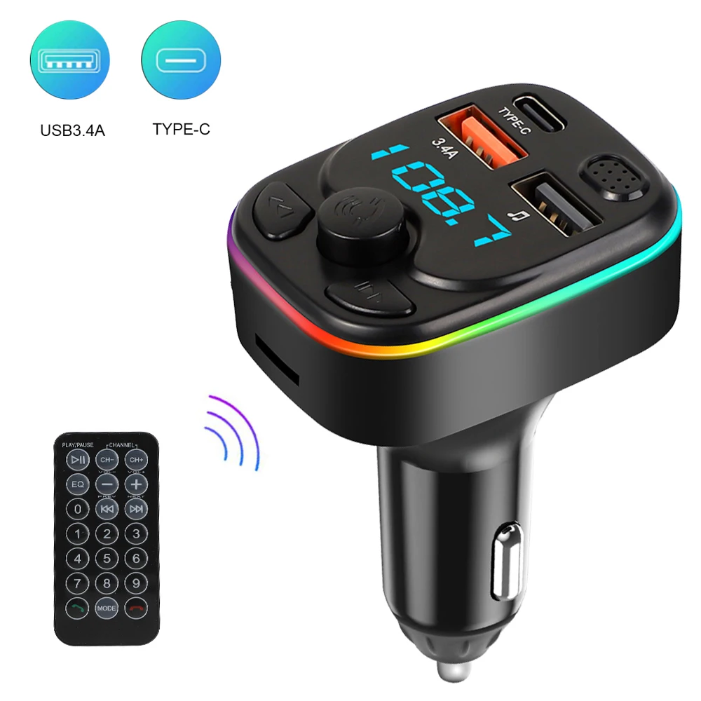 

Car Bluetooth 5.0 FM Transmitter Type-C Dual USB 3.4A Fast Charger LED Backlit Atmosphere Light MP3 Player Lossless Music