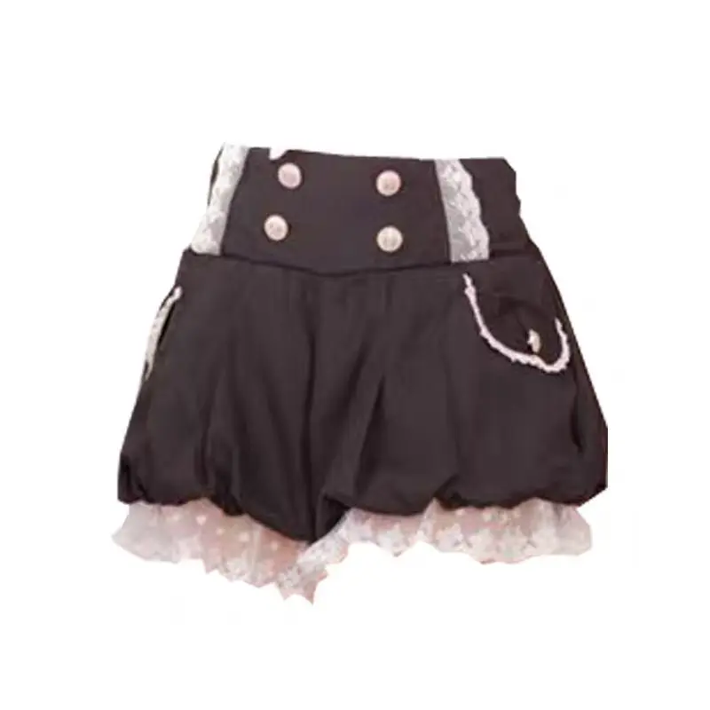 Japanese style Harajuku Kawaii Casual Women's Shorts Double Breasted Decorative Big Pocket Elastic Waist Lantern Suspender Pants