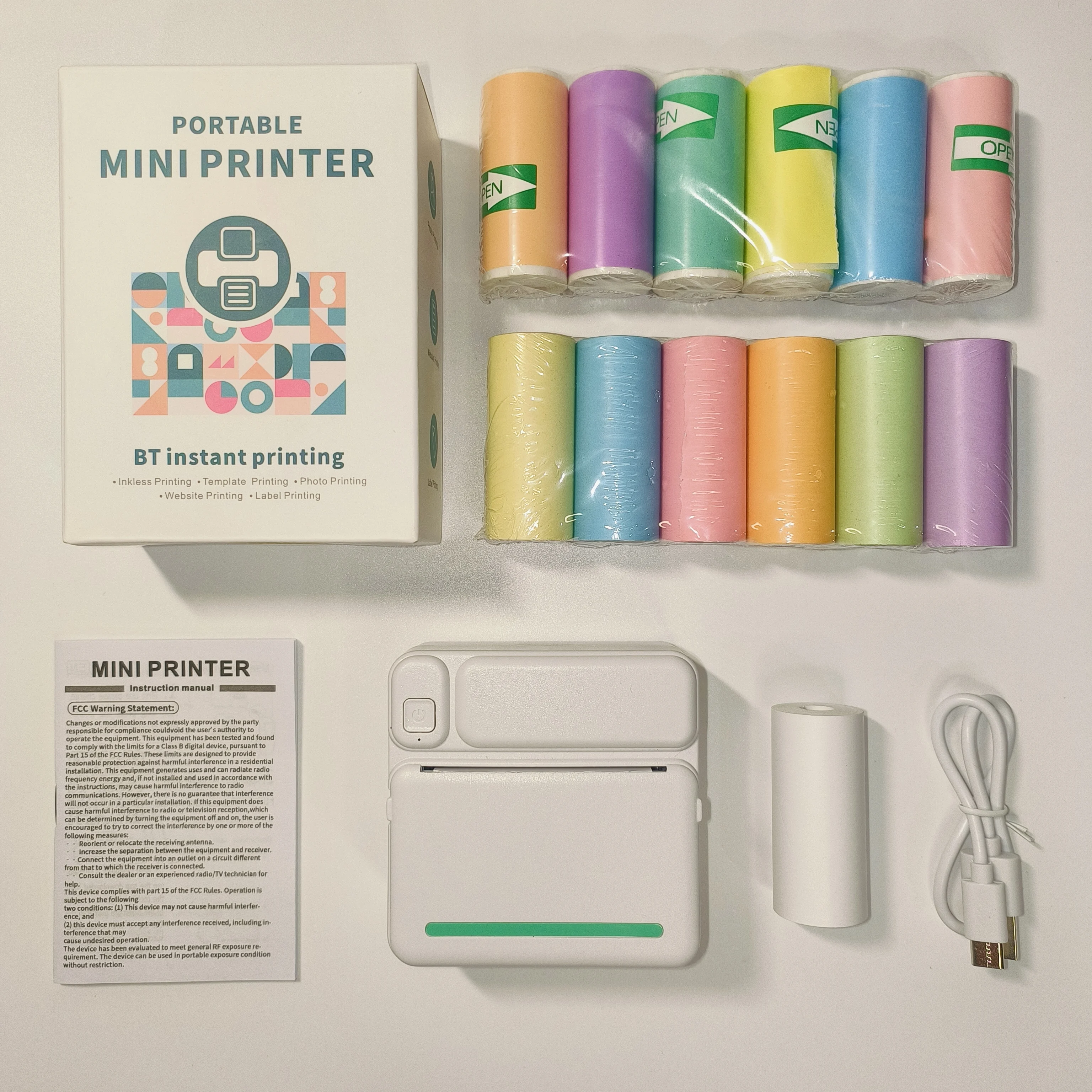 아이폰 및 안드로이드용 휴대용 무선 열전사 프린터 - 6색 용지 롤 및 6개 스티커 롤 포함, USB 충전식