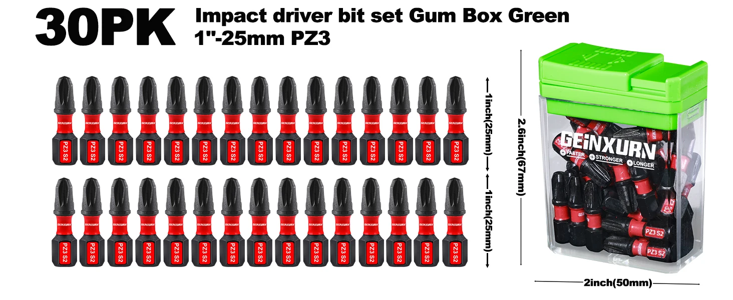 Geinxurn 30 Stück Impact Phillips Magnetic (PZ1, PZ2, PZ3) S2-Stahl-Multi-Treiber-Bits mit bunter Aufbewahrungsbox (Gelb, Blau, Grün) – Detail 2