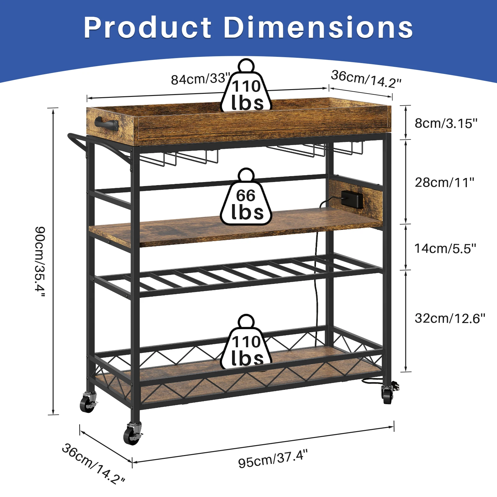 Redlife Home Bar Cart Kitchen Organizer cart Mobile Storage Trolley with Wine Rack and Glass Holders for Living Room Dining Room