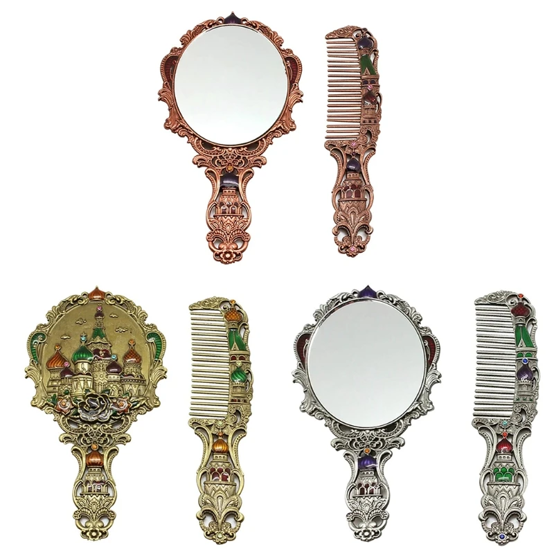 

Women's Vintage Castle Portable Cosmetic Mirror Russian Handle Mirror Set with Comb