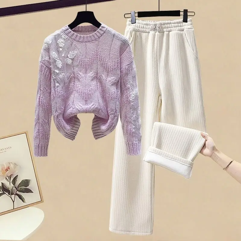 Kpop Winter New Plush Thickened Wide Leg Pants Sequin Decoration Knitted Sweater Pullover Two-piece Elegant Women\'s Pants Set