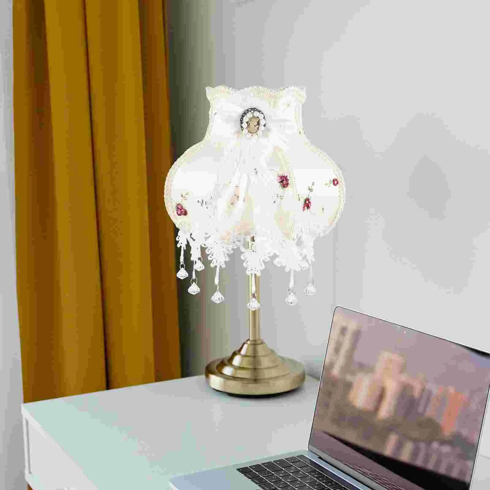 

Drum Lamp Shade European Style Lampshade E27 Vintage Cloth Art Bead Lace Lampshade Tassel Bead Fabric Scallop Dome Lamp Shade