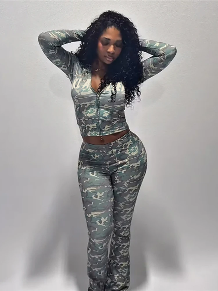 Nibber Sporty Letter Leopard 2 Piece Set Women Zip Hooded Jacket+Flare Pants Casual Matching Stretch Streetwear Skinny Tracksuit