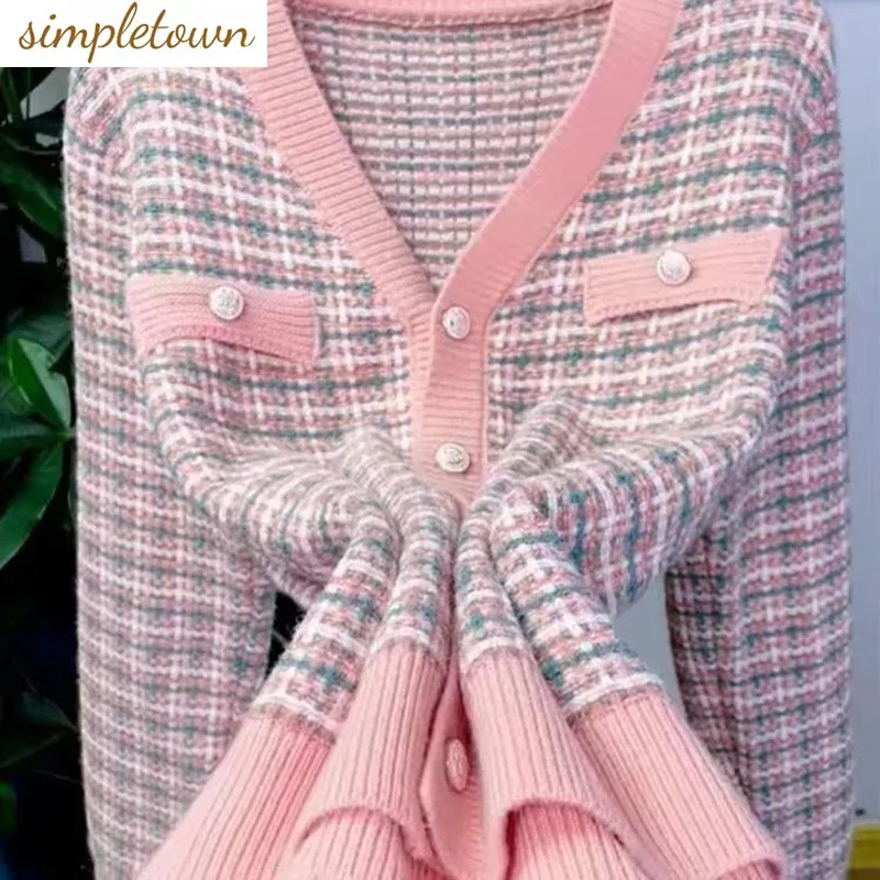 

Fashion Outerwear Women's Knitted Cardigan Spring and Autumn Outerwear Short Age Casual Women's High-end Small Shirt Plaid Top