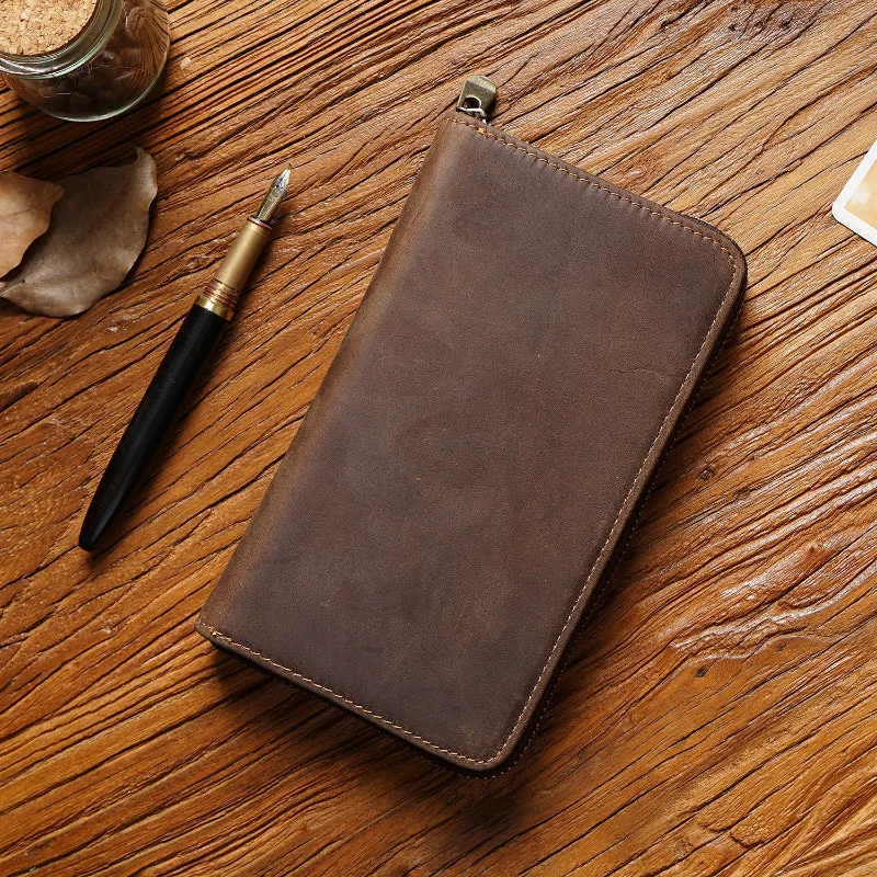 Genuine Leather Zipper Passport Bag Retro Crazy Horse Leather Multi-pencil Bag Large-capacity Stationery Box Pen Box Long Wallet