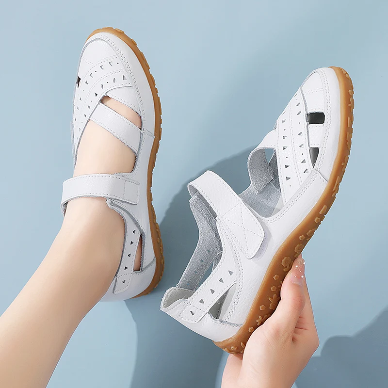 New summer women's shoes large size Roman casual mother shoes leather baotou sandals Velcro hollow cowhide