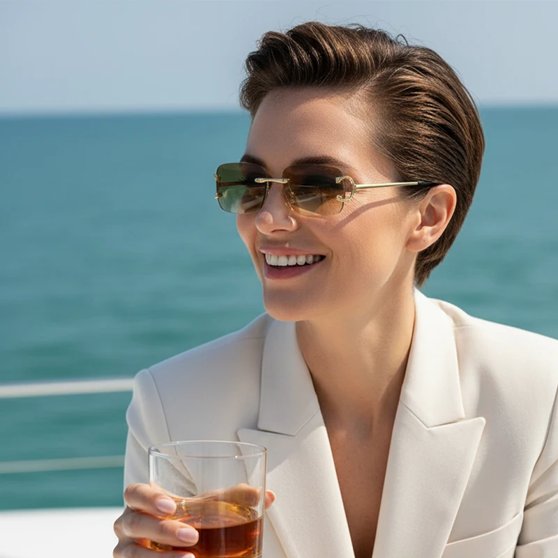CATERSIDE Rectangular Sunglasses Men Rimless White Copper Small Square Sun Glasses For Women Gradient Lens Outdoor Eyewear UV400