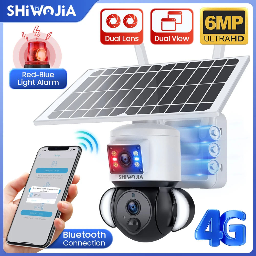 

SHIWOJIA 6MP 3K WIFI Solar Powered Camera 4G SIM PIR Human Detection Solar Battery Security Camera Video Surveillance Outdoor