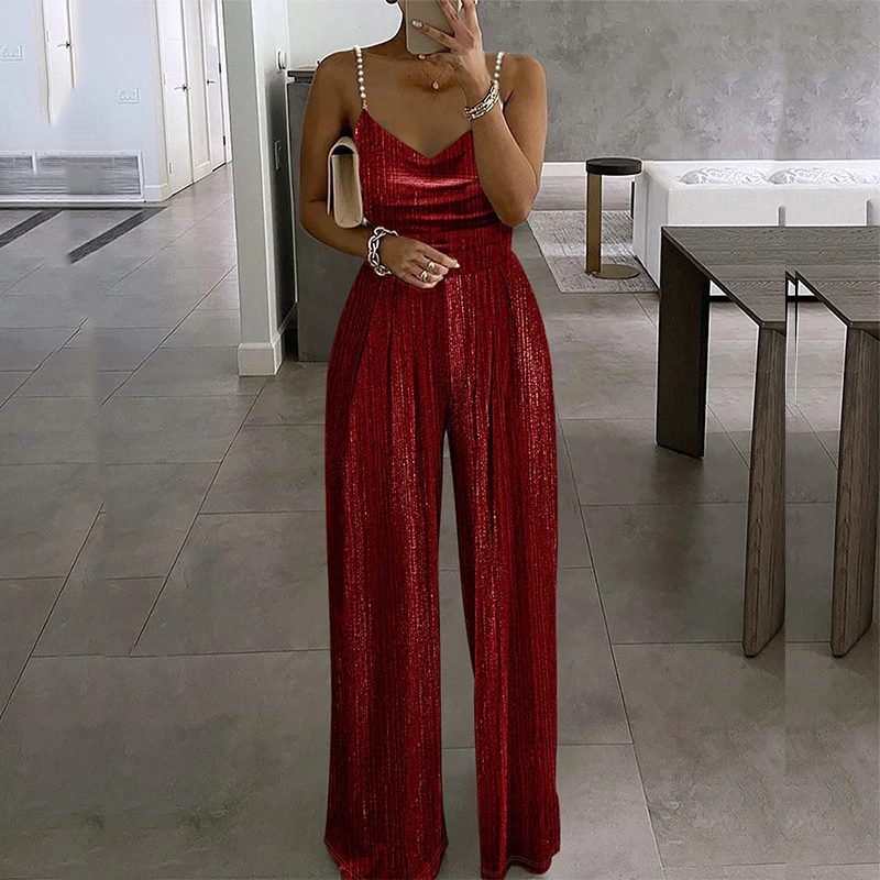 

Party Fashion Off Shoulder Beading Sling Long Jumpsuit Elegant Women Slim V-Neck One Piece Sexy Wide Leg Pants Commute Overall