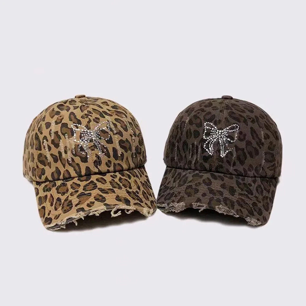 Korean Rhinestone Bowknot Leopard Baseball Cap Women Personality Distressed Brushed Visor Hats Cotton Adjustable Versatile Caps