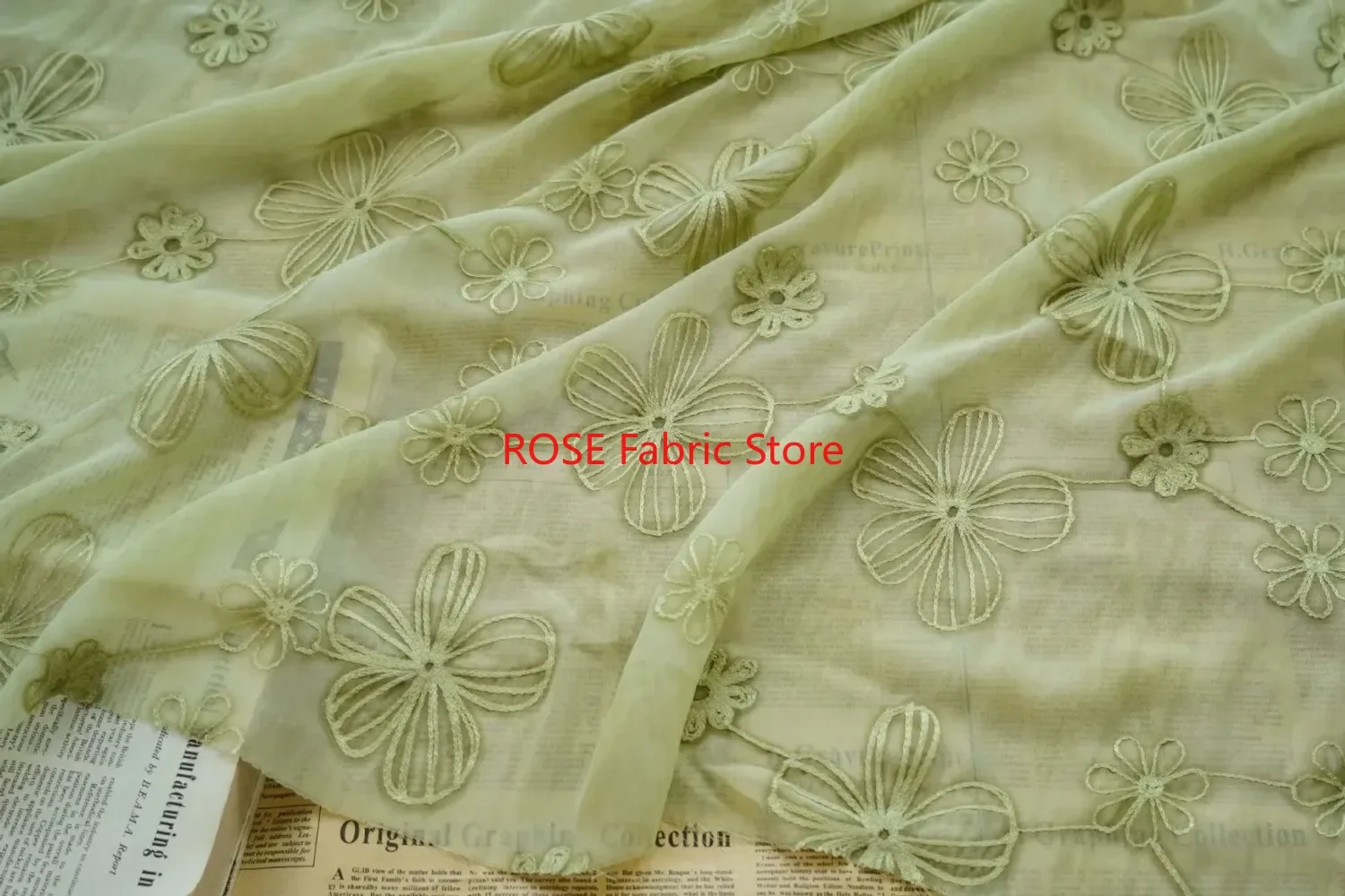 Elegant Green and Beige Floral Embroidery Chiffon Tulle Fabric for Dresses and Costume Design
