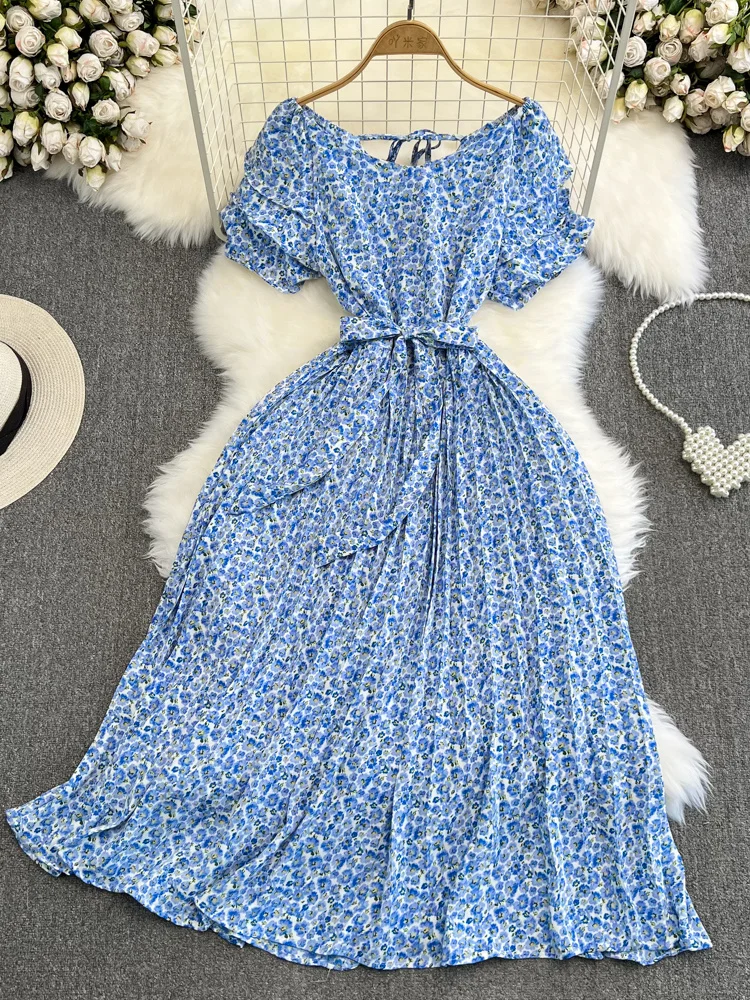 

Женское Плиссированное Платье с V-образным вырезом, коротким рукавом и завышенной талией