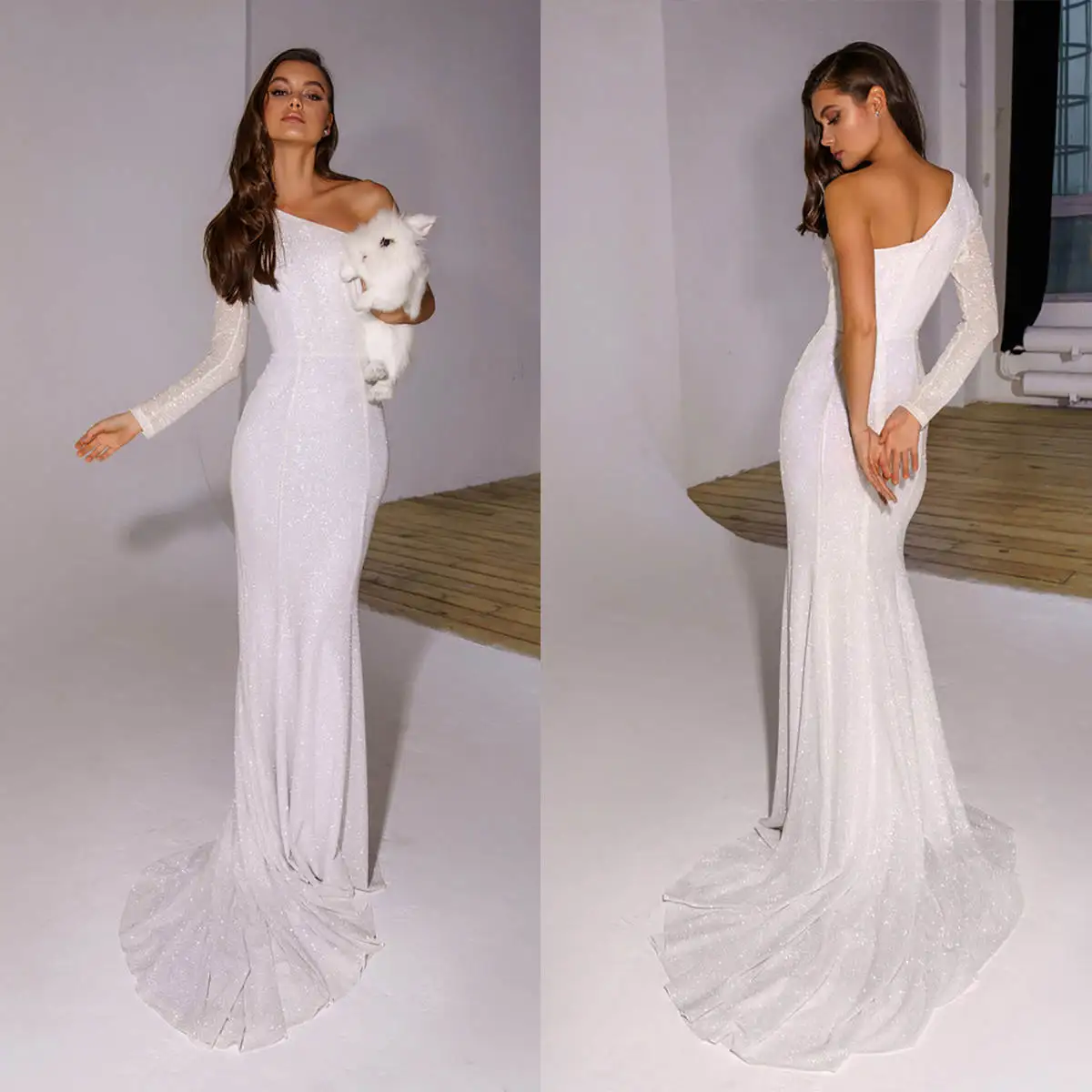 

Gorgeous Mermaid Wedding Dress Sequins One Shoulder Long Sleeve Bride Gowns Ruffled Sweep Train Bridal Dresses