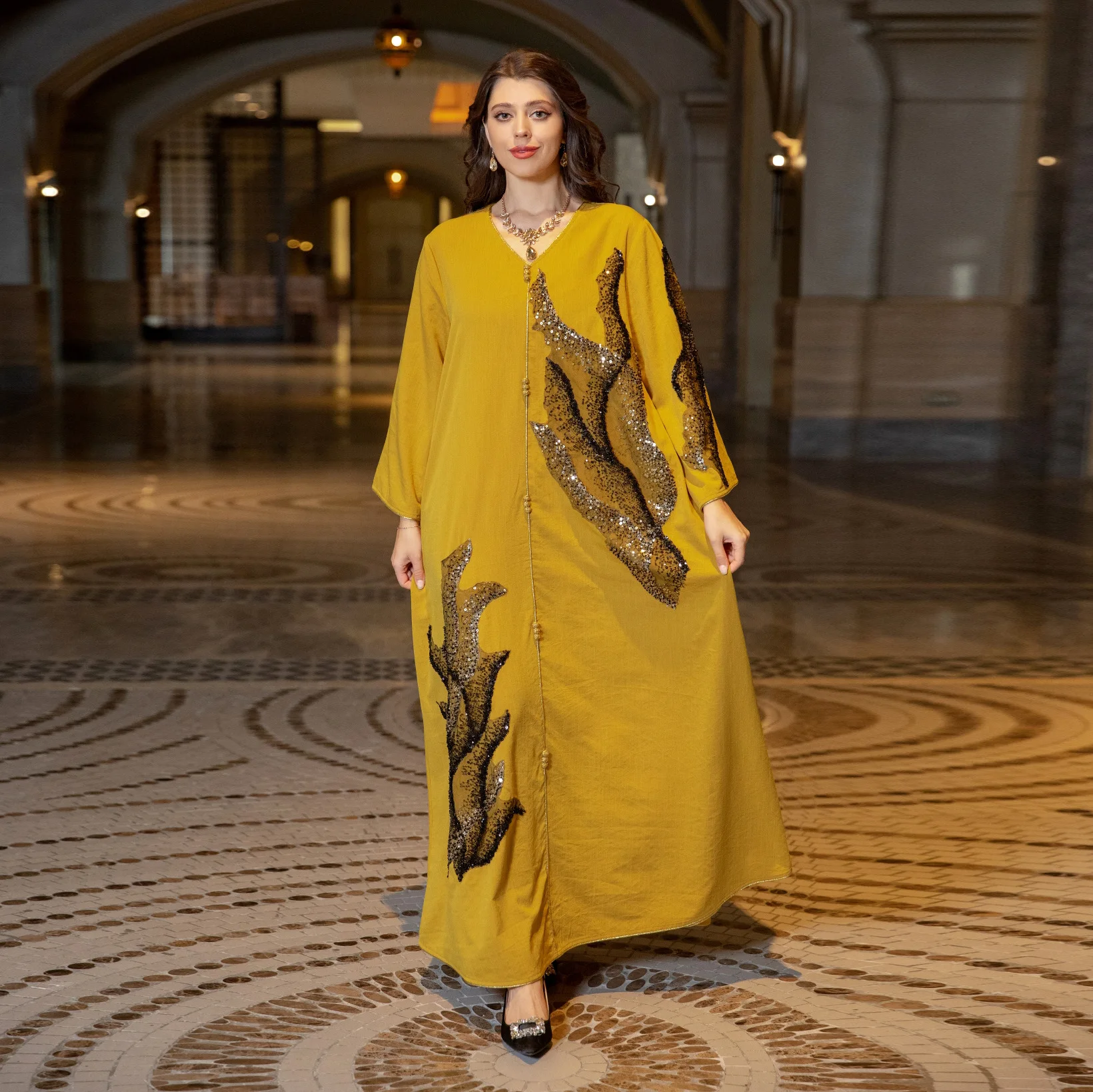 2023 Abaya for Women Dubai Floral Embroidery Luxury Sequined Casual Loose Dress Elegant Muslim Fashion Abaya Kaftan Dress 4