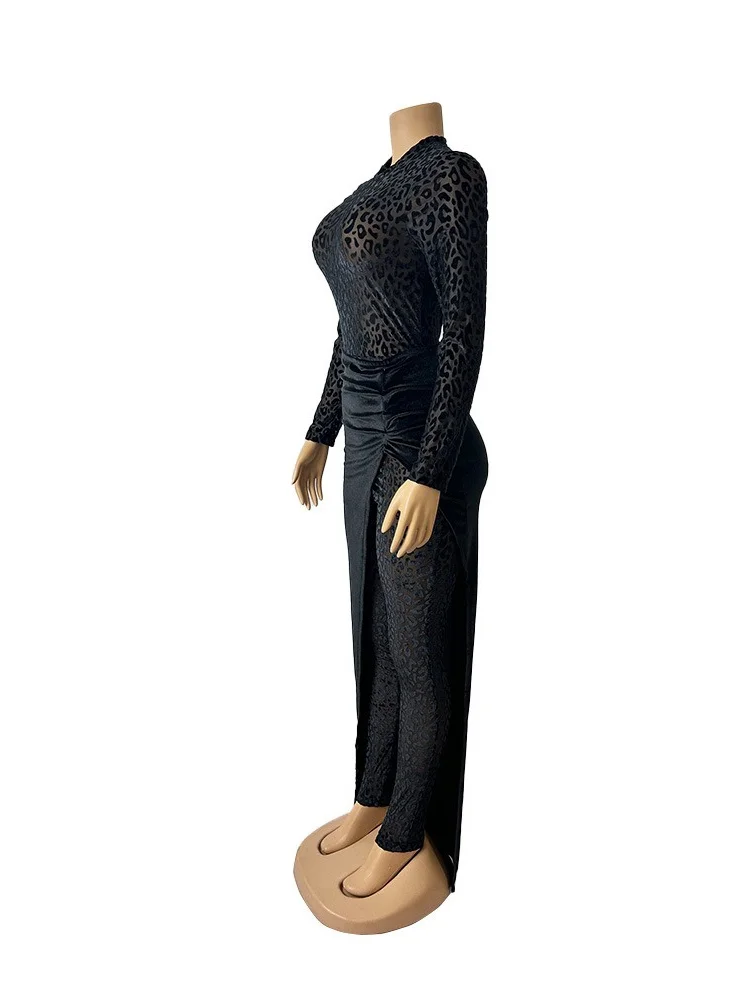 Wmstar Two Piece Jumpsuit for Women Wholesale Long Sleeve Bodycon Party  Leopard Print Velvet Sexy See Through Romper and Skirts