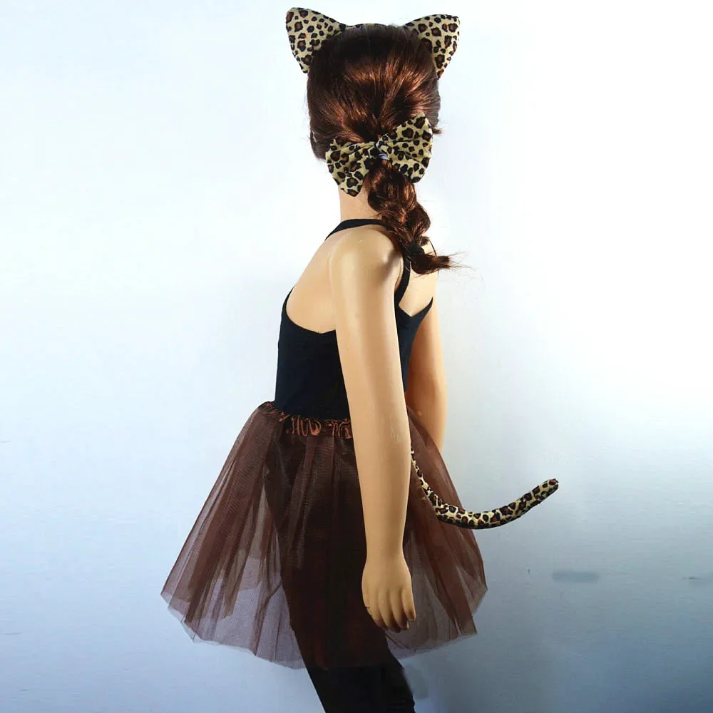 Children Girl Kids Animal Cheetah Leopard Ear Headband Paw Tail Tie Birthday Gift Party Headwear Halloween Costume Cosplay