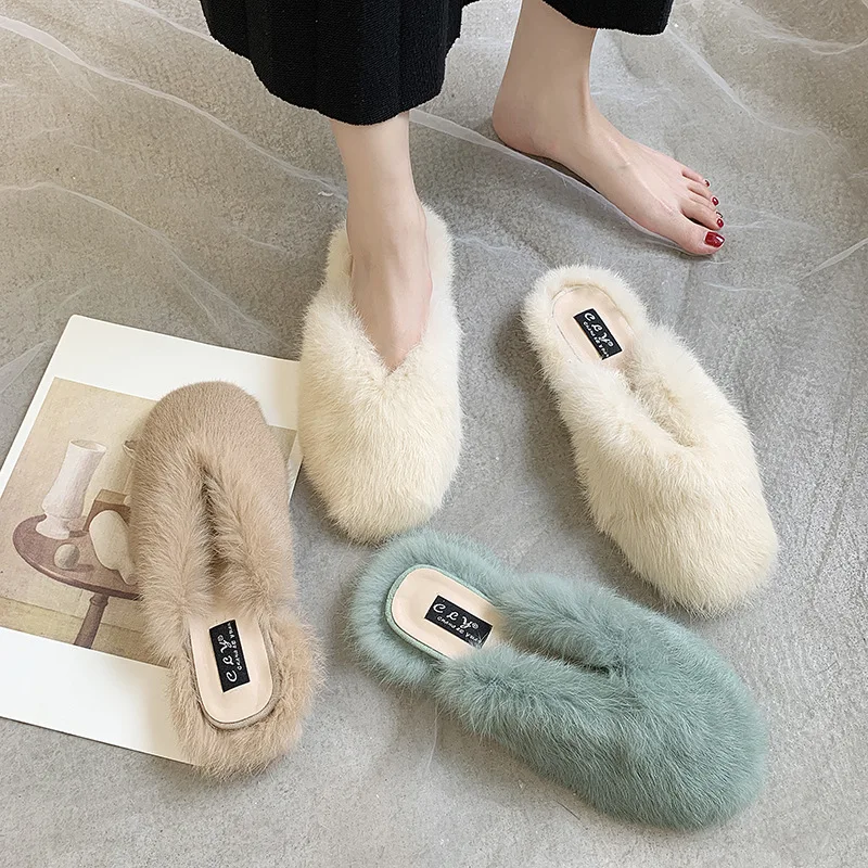 2023 Autumn Winter Rabbit Hair Korean New Baotou Flat Bottom Slippers Popular Same Style Outwear Fur Half Slippers for Women