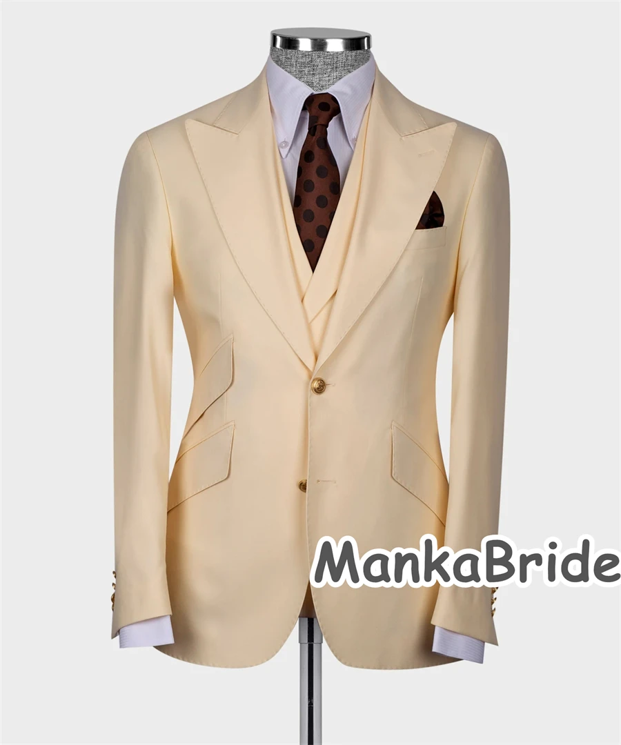 Classic Gold Button Beige Wedding Tuxedo Groom Suits for Wedding Prom Party 3pcs Blazer Vest Pants Formal Man Suit Set