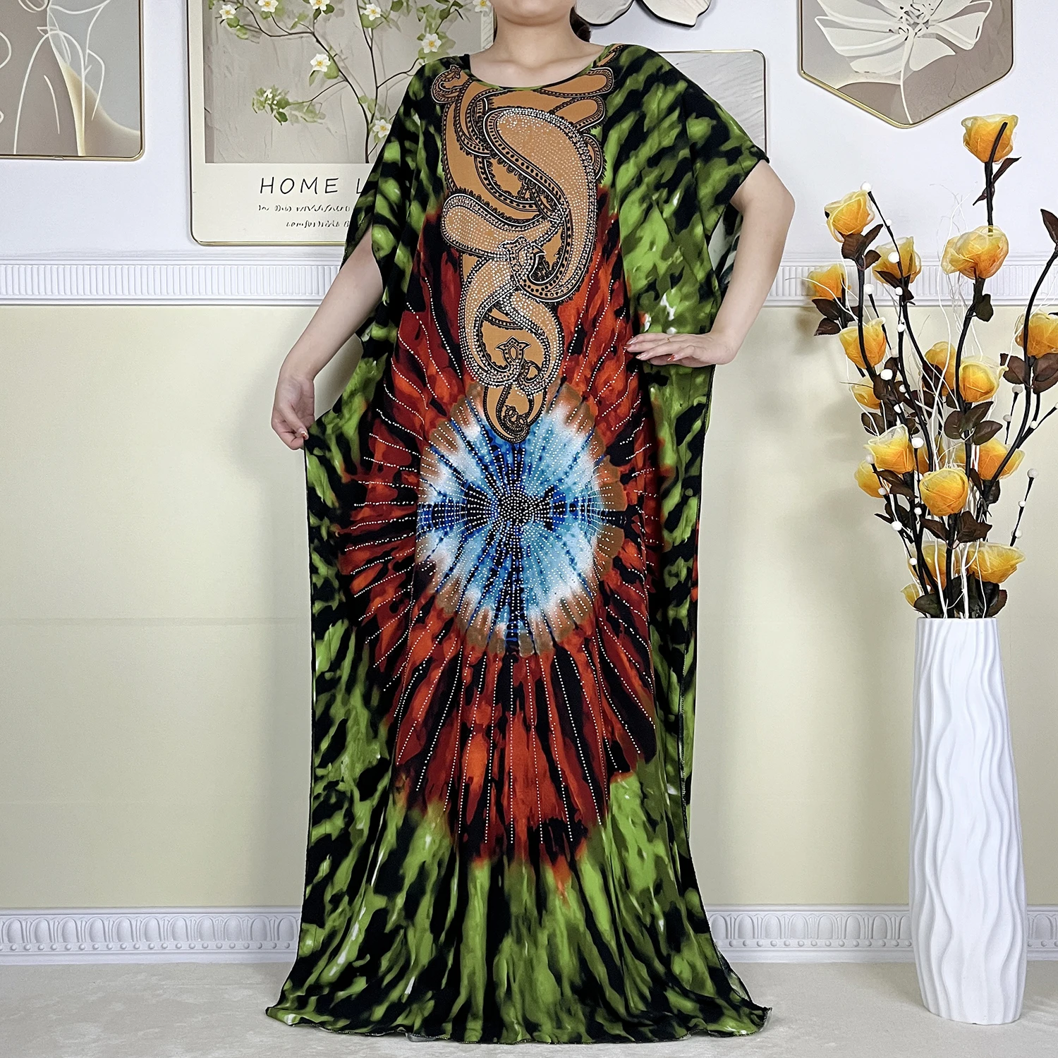 2024 New Muslim Women Dashiki Short Sleeved Dress Diamonds Printing Cotton Loose Robe Kaftan African  Women Dress With Big Scarf