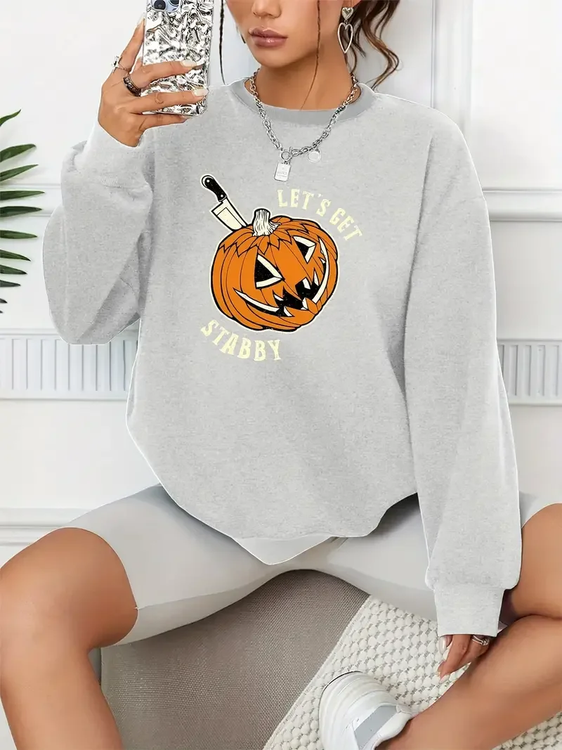 Pumpkins Let's Get Stabby Print Casual Loose Fashion Long-Sleeved Pullover Solid Color Women's Swearshirts