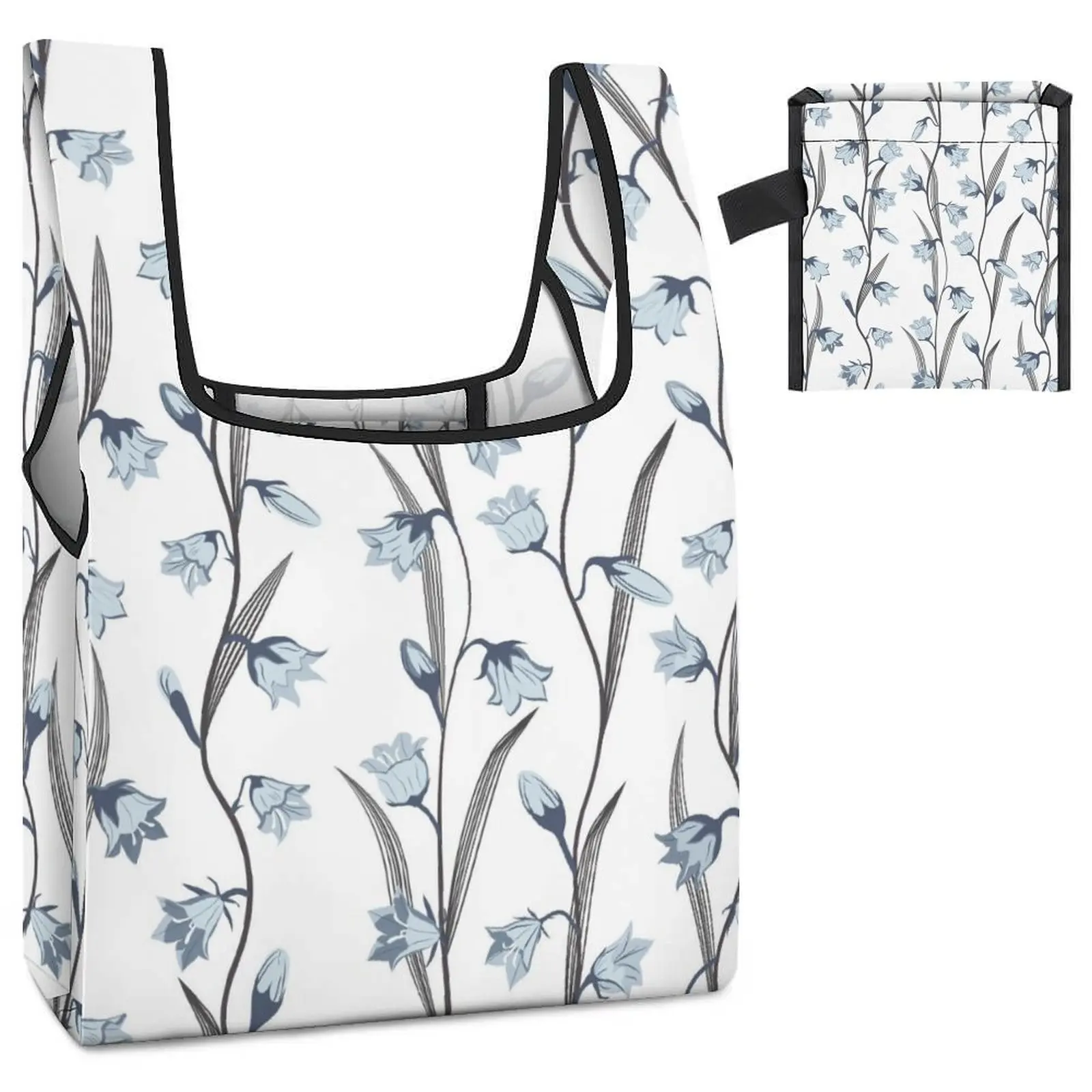 Customized Printed Bags Shopper Shoulder Bag Blue Flowers Printing Shopping Tote Casual Woman Foldable Handbag Custom Pattern