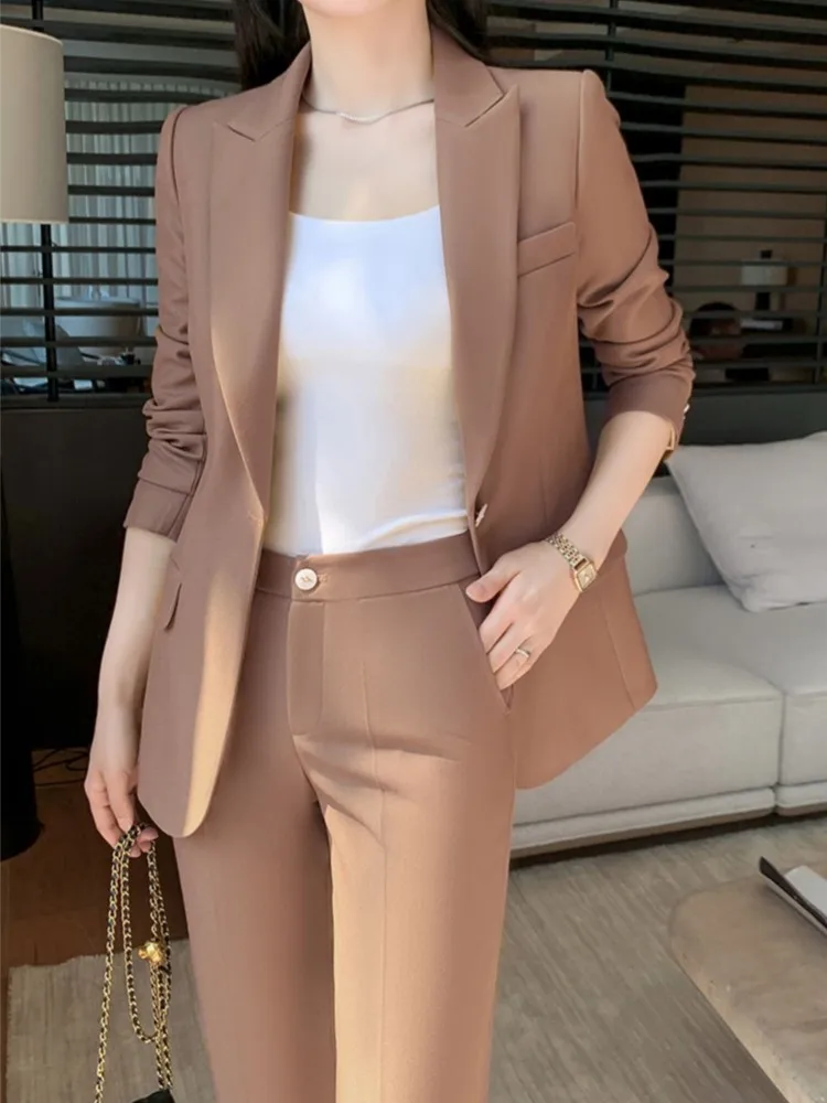 Fashion New Women Vintage Formal Solid Pantsuit Elegant Chic Blazer Coat Straight Pants Outfits Female Interview Two Pieces Set