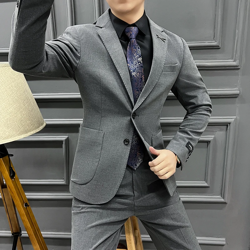 Men's Autumn Winter Chunky Two-Button Formal Two-Piece Set Business Fashion Suit plus Trousers High Quality