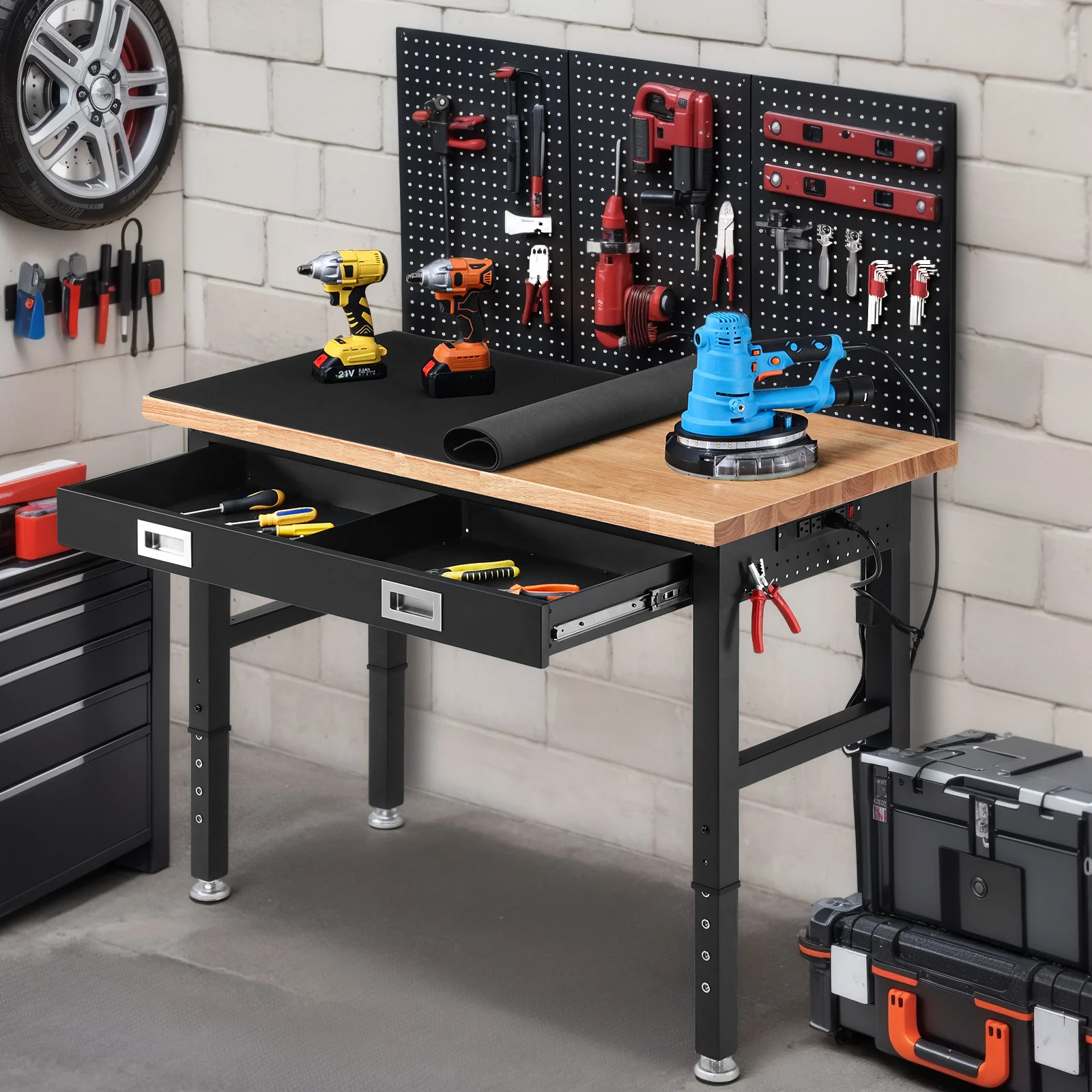 Wood Work Bench with Drawer and Storage Pegboards for Woodworking