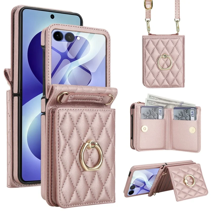 Lanyard Leather Wallet Phone Case with Ring and Card Holder
