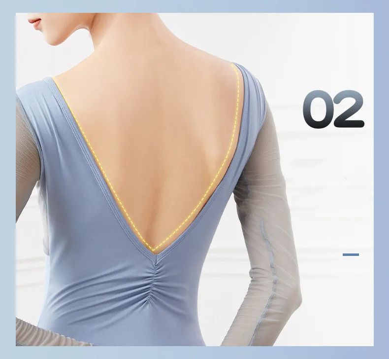 Ballett-Trikots für Damen, Erwachsene, Gymnastik, Yoga, Ballerina, Tanz-Bodys, Patchwork-Mesh, langärmelig, quadratischer Kragen – Detail 14
