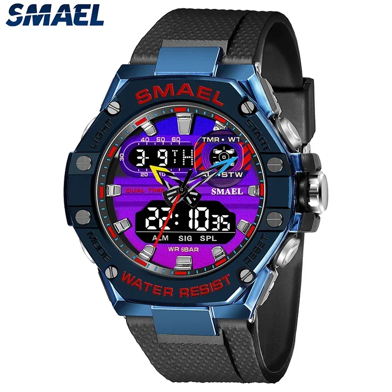 Мужские часы SMAEL 8066 с двойным циферблатом, мужские часы со светодиодной подсветкой, модные спортивные часы с будильником, военные наручные часы S Shiock, спортивные часы