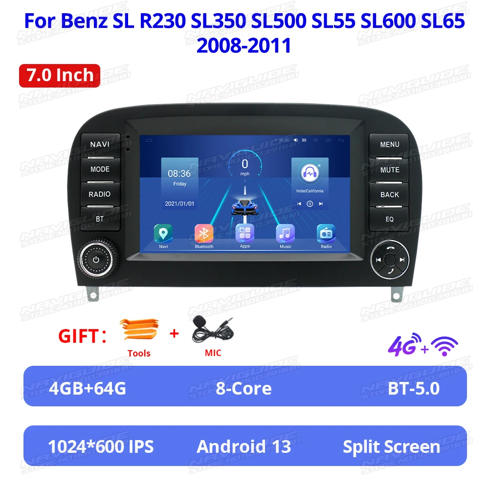 thumbnail image 1 of NAVIGUIDE 7'' 2din Android 13 Carplay Auto Multimedia para Benz SL R230 SL350 SL500 SL55 SL600 SL65 2008-2011 Sin reproductor de DVD, 1 of 5