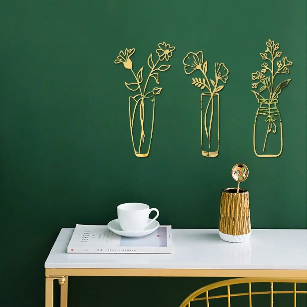 3PCS/Set Acrylic Living Room Ornament Self-adhesive Potting Plant Mirror Surface Decals Wall Stickers 3D Flower Vase