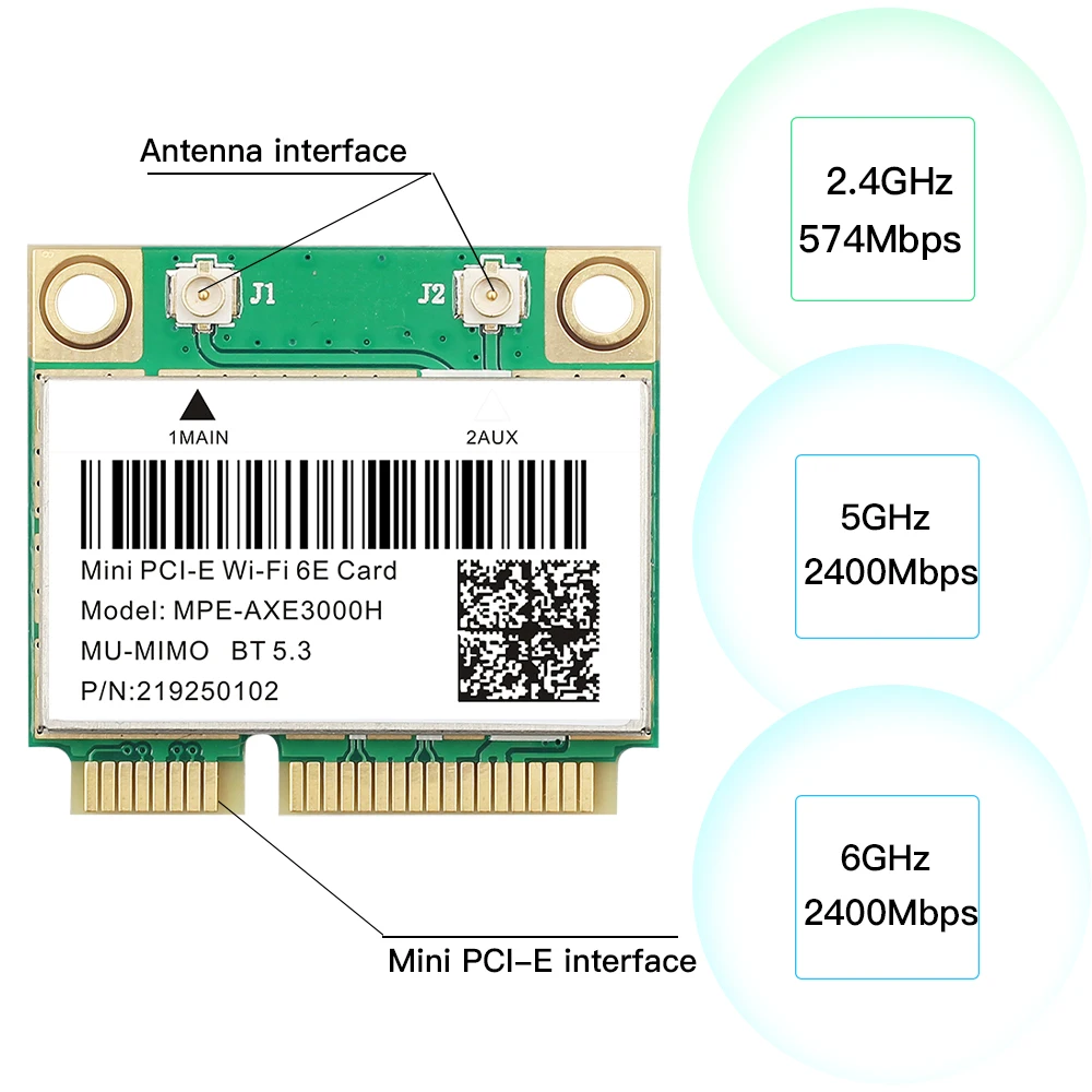 트라이 밴드 5374Mbps AX210 미니 pcie Wifi 6E 무선 네트워크 카드 AXE3000H BT5.3 안테나 2.4G/5G/6G 802.11ax MU-MIMO Win10/11