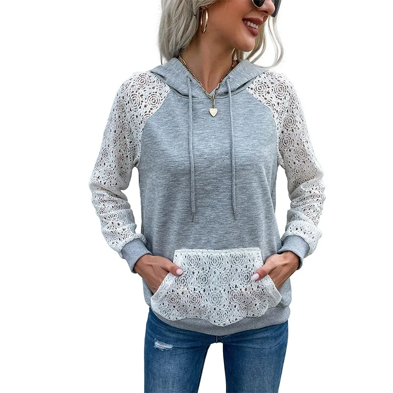 2023 Autumn New Women's Fashion Casual Joker Pullover Hooded Jacket Temperament Elegant Lace Openwork Stitching Ladies Sweater