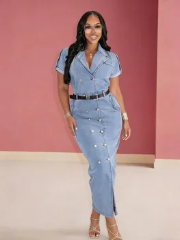 2026 Women's Fashionable Double-Breasted Denim Dress Short-Sleeved Casual Waist Belted New Style 1