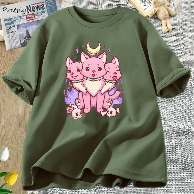 

Футболка Kawaii Goth Cute Cerberus, хлопковая летняя футболка с коротким рукавом и графическим рисунком, женская одежда, уличная одежда, винтажные футболки