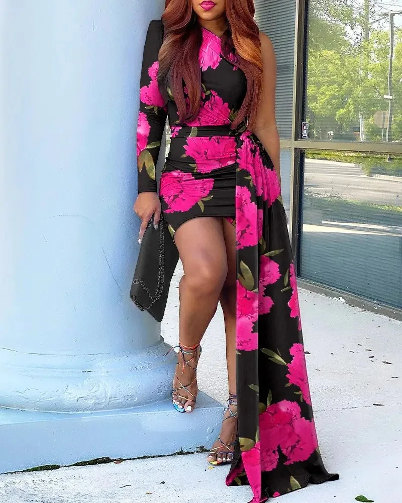 

Summer Fashion Sexy Party Evening Dress Single Room Sleeve Irregular Tight Hip Wrap Skirt Elegant Women's Slim Dress
