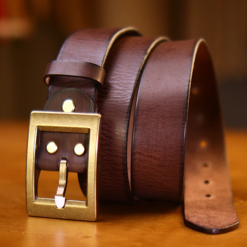 Men's Full Grain Leather Casual Jean Belt - 1.5" (38mm) Wide With Interchangeable Brass Buckle, Brown, Size 38 - View #8