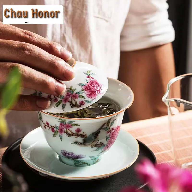 175ml Jingdezhen Porcelain Art Bird Gaiwan Ceramic Tea Maker Flower Tea Bowl With Saucer Lid Master Tea Tureen Drinkware Gift