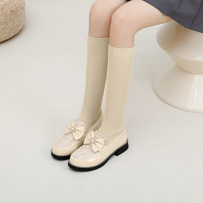 

Sweet Lolita Stretch Fabric Patchwork Butterfly-knot Mid-calf Sock Boots Princess's Low Heels Slip-on Leisure Women Shoes 2023