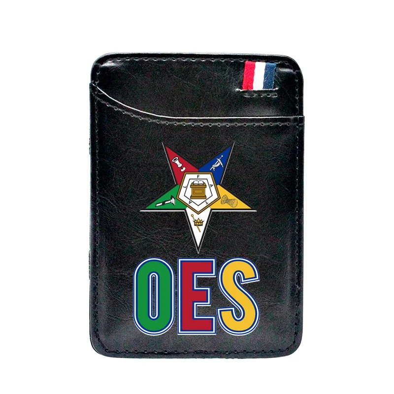 

High Quality Masonic Star OES Pu Leather Mini Small Magic Wallets Purse Pouch Plastic Credit Bank Card Case Holder