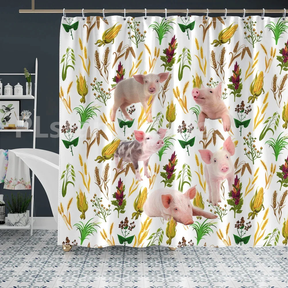 

Pig Farm Wheat Pattern Shower Curtain 3D Printed Bathroom Curtains with Hooks Funny Animal Shower Curtain