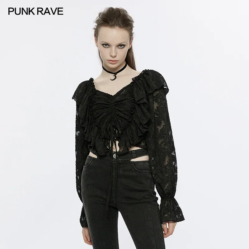 

PUNK RAVE Women's Ruffled V-shape Square Neck Collect Waist Tops Gothic Daily Textured Chiffon Black Shirts Women Clothing