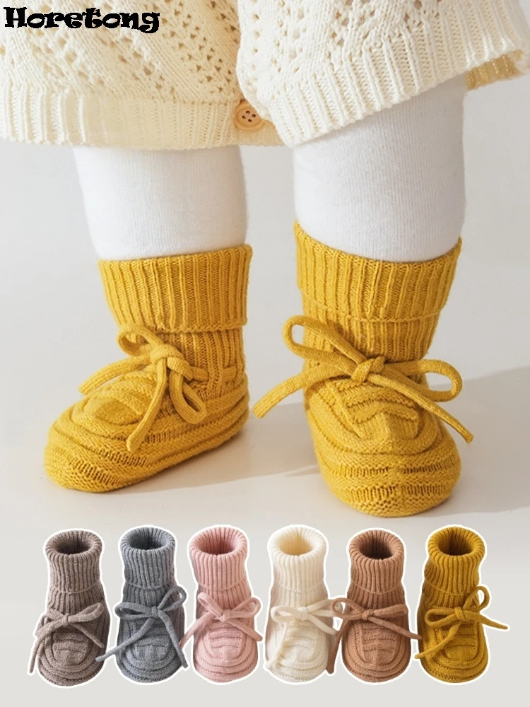 Chaussures d'hiver pour bébé de classe A, chaussettes chaudes en laine tricotée pour nouveau-né, couvre semelle souple, confortables, haute élasticité, à lacets, pour tout-petits, nouvelle collection