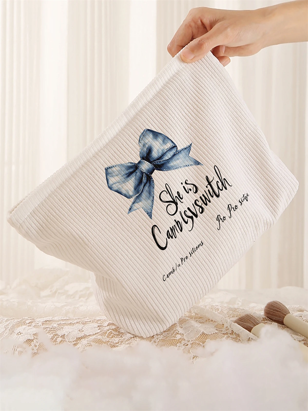 1 butterfly knot patterned corduroy makeup bag, lightweight zipper makeup storage box, multifunctional bag with lining