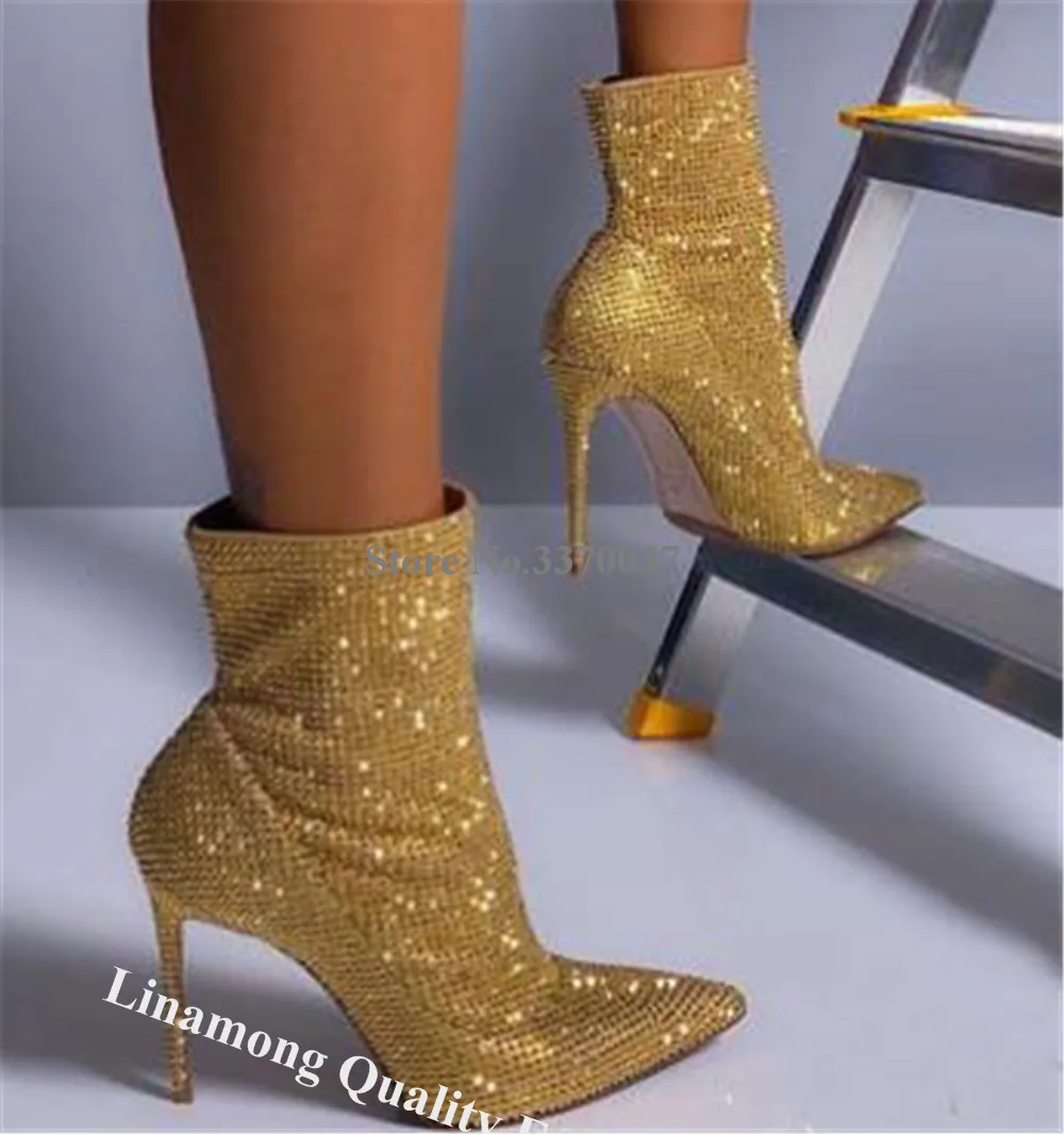 Bling Bling Rhinestones Short Boots Linamong Newest Gold Black Crystals  Slip-on Stiletto Heel Ankle Booties Shining Wedding Pump - AliExpress, image size:1000x1066