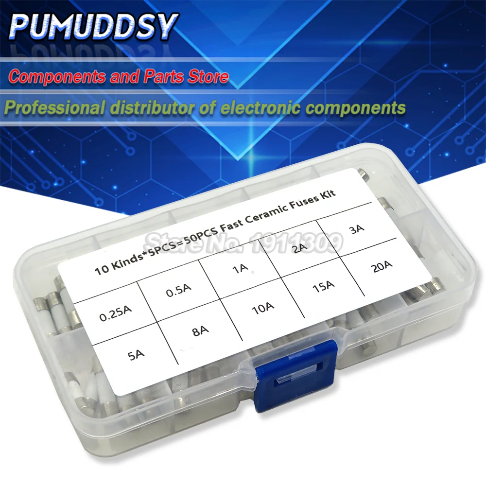 50 Pz/Scatola 10 Tipi Veloce Ceramica Fusibili Kit Di 250V 5Mm X 20 Millimetri 0.25A 0.5A 1A 2A 3A 5A 8A 10A 15A 20 Amp Tubo Del Fusibile Assortimento
